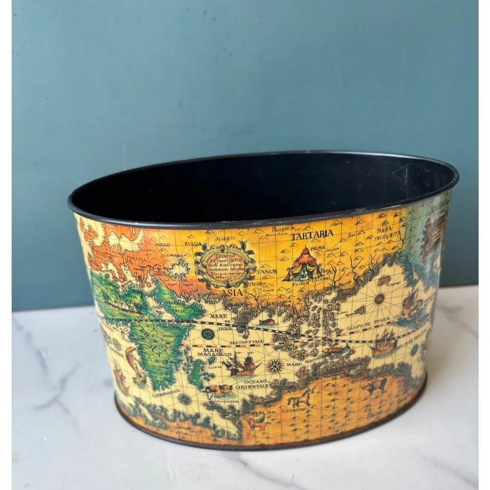 Vintage World Map Metal Desk Caddy Organizer Storage Nautical Decor Japan Oval